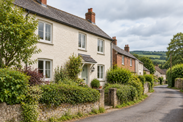 Cream-rendered village house with a slate roof beside a narrow lane.