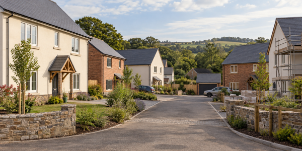 New homes around a short shared lane, with one house still under construction
