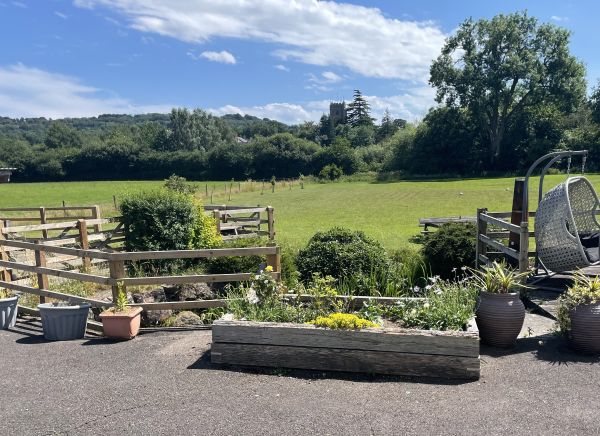 A fenced garden overlooking a green field and trees in the Culm Valley